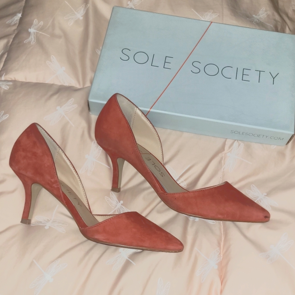 Coral colored suede heels